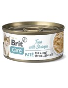 Brit Care Sterilized Pate Ton și Creveți conservă hrană umedă conținut redus cereale pisici sterilizate (pate) 70g