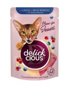 DELICKCIOUS Dessert Rață și Fructe de Pădure plic hrană umedă pisici (în sos) bax 80g x 12buc
