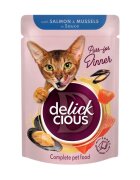 DELICKCIOUS Dinner Somon și Midii plic hrană umedă pisici (în sos) bax 85g x 12buc