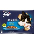FELIX PURINA Fantastic 2 arome (Somon și Peste Cambula) pachet mixt plic hrană umedă pisici (în aspic) 85g x 4
