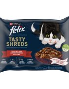 FELIX Tasty-Shreds Selecție de la Fermă cu Vită Pui Curcan și Rață plic hrană umedă pisici (în sos) multipack 80g x 4buc