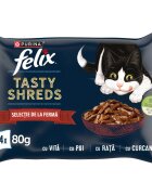FELIX Tasty-Shreds Selecție de la Fermă cu Vită Pui Curcan și Rață plic hrană umedă pisici (în sos) multipack 80g x 4buc