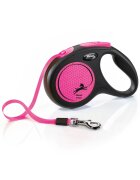 Flexi Neon lesă bandă retractabilă câini reflectorizant nylon roz M(25kg 5m)