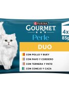 Gourmet Perle Pui și Vită Curcan și Miel Vițel și Rață Iepure și Vânat plic hrană umedă pisici (în sos) multipack 85g x 4buc