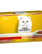 Gourmet PURINA Gold 4 arome (Vită Curcan și Rață Somon și Pui Pui și Ficat) pachet mixt conservă hrană umedă pisici (bucăti în sos) 85g x 4