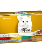 Gourmet PURINA Gold 4 arome(Vită și Pui Rață și Curcan Pește cu Spanac Iepure și Ficat) multipack conservă hrană umedă pisici (în sos) 85g x 4