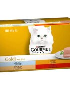 Gourmet PURINA Gold Mousse 4 arome (Vită Curcan Ficat Ton) pachet mixt conservă hrană umedă pisici (pate) 85g x 4
