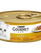 Gourmet PURINA Gold Pui și Ficat conservă hrană umedă pisici (bucăti în sos) 85g