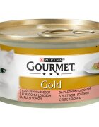 Gourmet PURINA Gold Pui și Somon conservă hrană umedă pisici (bucăti în sos) 85g