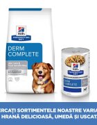 HILL'S Prescription Diet Derm Complete XS-XL Ou dietă veterinară conservă hrană umedă câini piele & blană (pate) Derm Complete dietă veterinară câini conservă hrană umedă piele & blana (în sos) bax 370g x 6buc