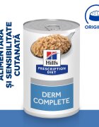 HILL'S Prescription Diet Derm Complete XS-XL Ou dietă veterinară conservă hrană umedă câini piele & blană (pate) Derm Complete dietă veterinară câini conservă hrană umedă piele & blana (în sos) bax 370g x 6buc