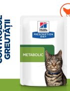 HILL'S Prescription Diet Metabolic Pui dietă veterinară pisici plic hrană umedă metabolism (obezitate si diabet) (în sos) 85g x 12buc