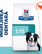 HILL'S Prescription Diet t/d Dental Care Pui dietă veterinară câini hrană uscată afecțiuni dentare t/d Dental Care Pui dietă veterinară câini hrană uscată sensibilități dentare 4kg