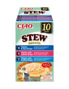 Inaba Ciao Stew Variety cu Pui Ton Somon și Scoici cutie hrană umedă fără cereale pisici (în supă) 400g