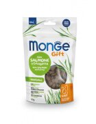Monge Gift Hairball Filled & Crunchy Somon și Catnip punguță recompense funcționale fără cereale pisici limitarea ghemurilor de blană 60g