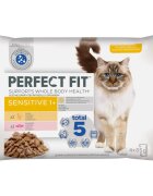 PERFECT FIT Cat Sensitive 1+ Pui și Somon plic hrană umedă pisici sistem digestiv (în sos) multipack 85g x 4buc