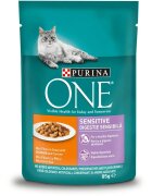 Purina ONE Sensitive Pui cu Morcov hrană umedă pisici sensibilități digestive (în sos) Sensitive Pui cu Morcov plic hrană umedă pisici sensibilități digestive (în sos) 85g