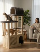 SHAW Bodrum cu Dulap Litieră ansamblu de joacă pisici 3 etaje 1 căsuța MDF și pluș elemente de zgâriat elemente atârnate maro 45x125x200cm
