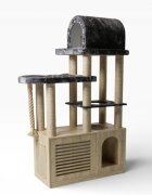 SHAW Bodrum cu Dulap Litieră ansamblu de joacă pisici 3 etaje 1 căsuța MDF și pluș elemente de zgâriat elemente atârnate maro 45x125x200cm
