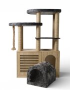 SHAW Bodrum cu Dulap Litieră ansamblu de joacă pisici 3 etaje 1 căsuța MDF și pluș elemente de zgâriat elemente atârnate maro 45x125x200cm