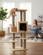 SHAW Zurih ansamblu de joacă pisici 7 etaje 1 căsuța MDF și pluș elemente de zgâriat bej 55x80x150cm