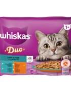 WHISKAS 1+ Duo Surf and Turf Pasăre și Pește plic hrană umedă pisici (în aspic) multipack 85g x 4buc