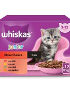 WHISKAS Junior Selectii Clasice Miel Vită Pui și Pasăre plic hrană umedă pisici (în sos) multipack 85g x 12