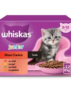 WHISKAS Junior Selectii Clasice Miel Vită Pui și Pasăre plic hrană umedă pisici (în sos) multipack 85g x 12