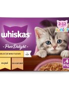 WHISKAS Pure Delight Junior Selectii Pasăre Pui și Curcan plic hrană umedă pisici junior (în aspic) multipack 85g x 4