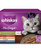 WHISKAS Pure Delight Mixed Selection Vită Pui Somon și Ton plic hrană umedă pisici (în aspic) multipack 85g x 12