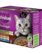 WHISKAS Pure Delight Mixed Selection Vită Pui Somon și Ton plic hrană umedă pisici (în aspic) multipack 85g x 12