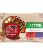 Purina ONE MINI Active vita cartofi si morcovi/ cu rata paste si fasole verde in sos 4x85 g