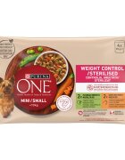 Purina ONE MINI Weight Control/ Sterilised curcan morcovi si mazare/ cu pui orez brun si rosii in sos 4x85 g
