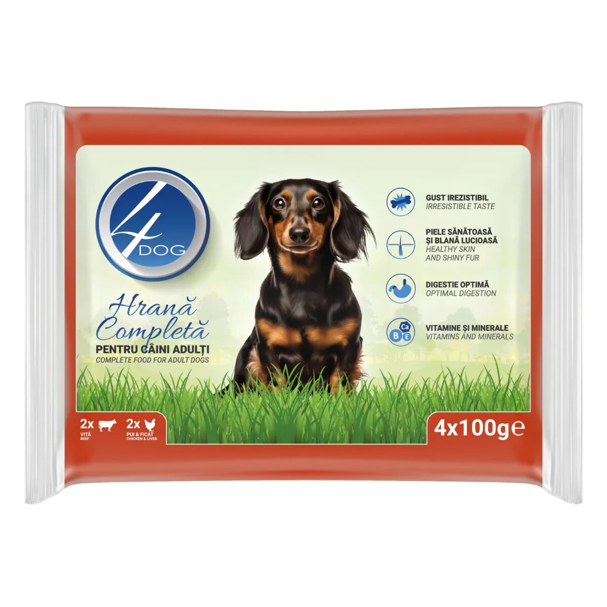 4DOG Mixt XS-XL Pui și Vită plic hrană umedă câini (în sos) multipack 100g x 4buc