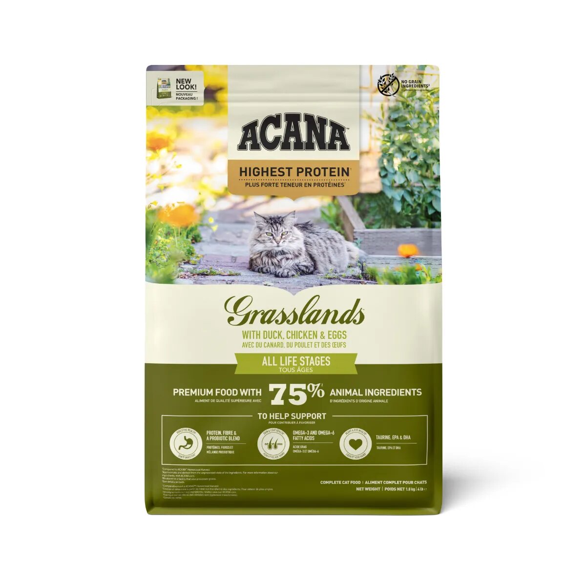Acana Highest Protein Grasslands Rață și Pui hrană uscată fără cereale pisici 1.8kg