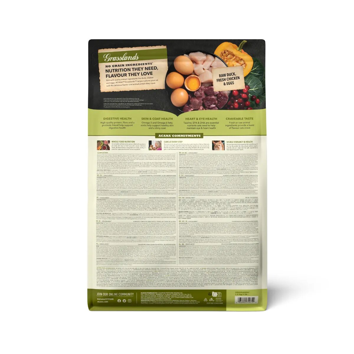 Acana Highest Protein Grasslands Rață și Pui hrană uscată fără cereale pisici 1.8kg