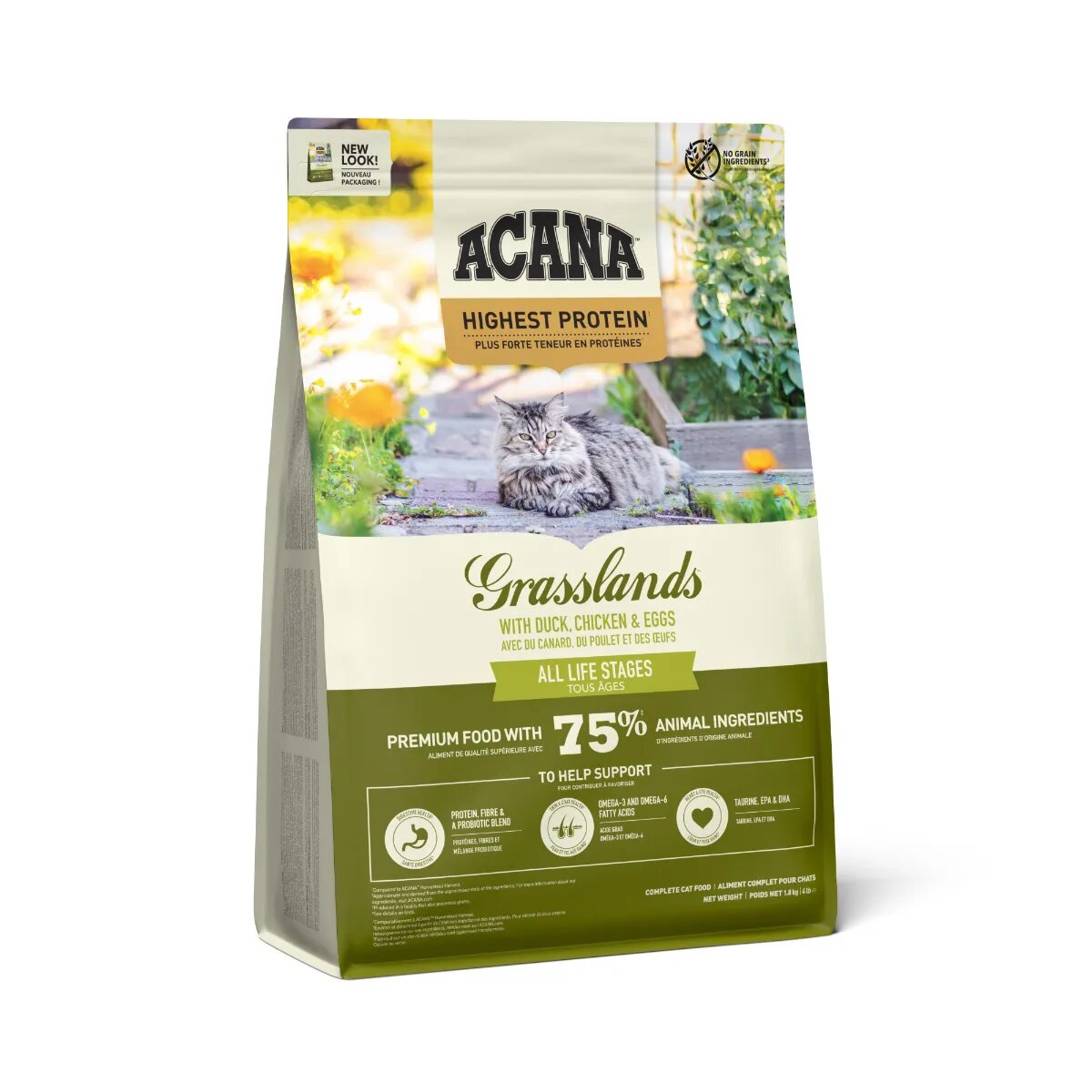Acana Highest Protein Grasslands Rață și Pui hrană uscată fără cereale pisici 1.8kg