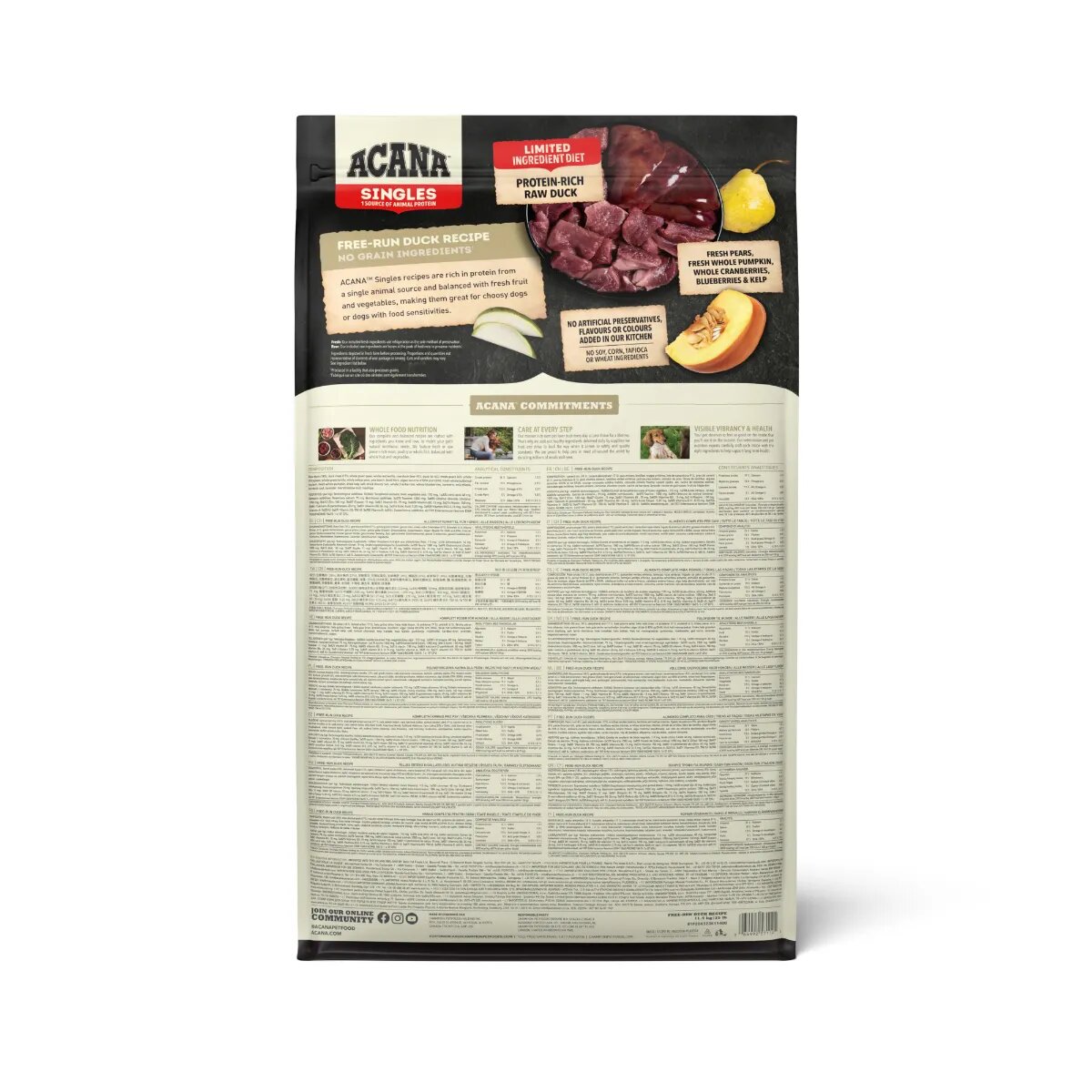 Acana Singles Free-Run Duck Rață și Pere hrană uscată monoproteică fără cereale câini 11.4kg