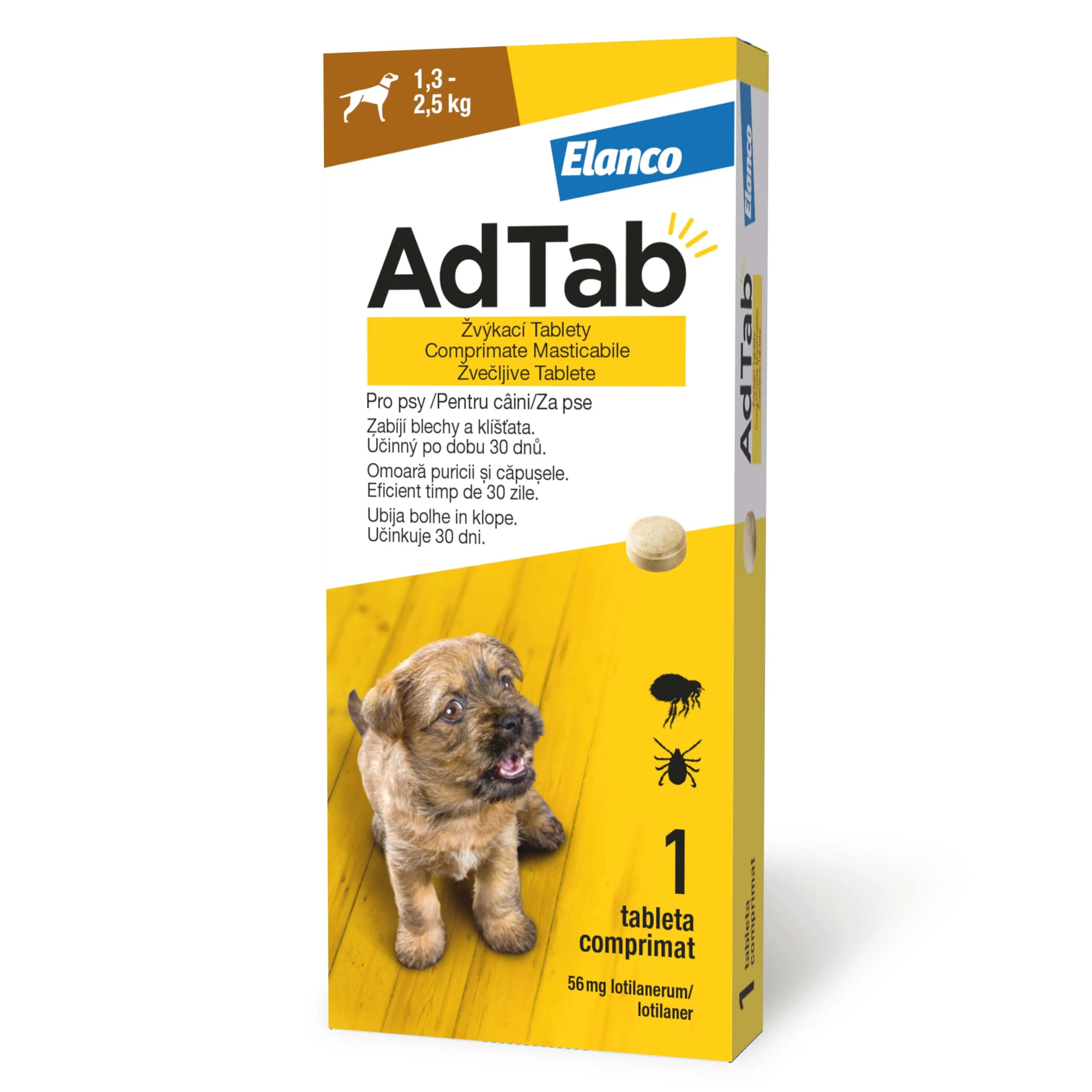 ADTAB deparazitare externă câini comprimate masticabile deparazitare externă câini XS(1.2 - 2.5kg) comprimate masticabile 56.25mg x 1buc