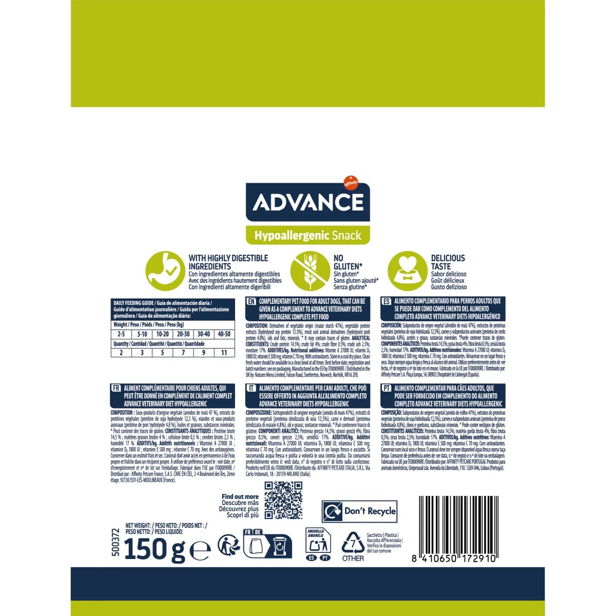 Advance Hypoallergenic Snack XS-XL punguță recompense câini alergii 150g