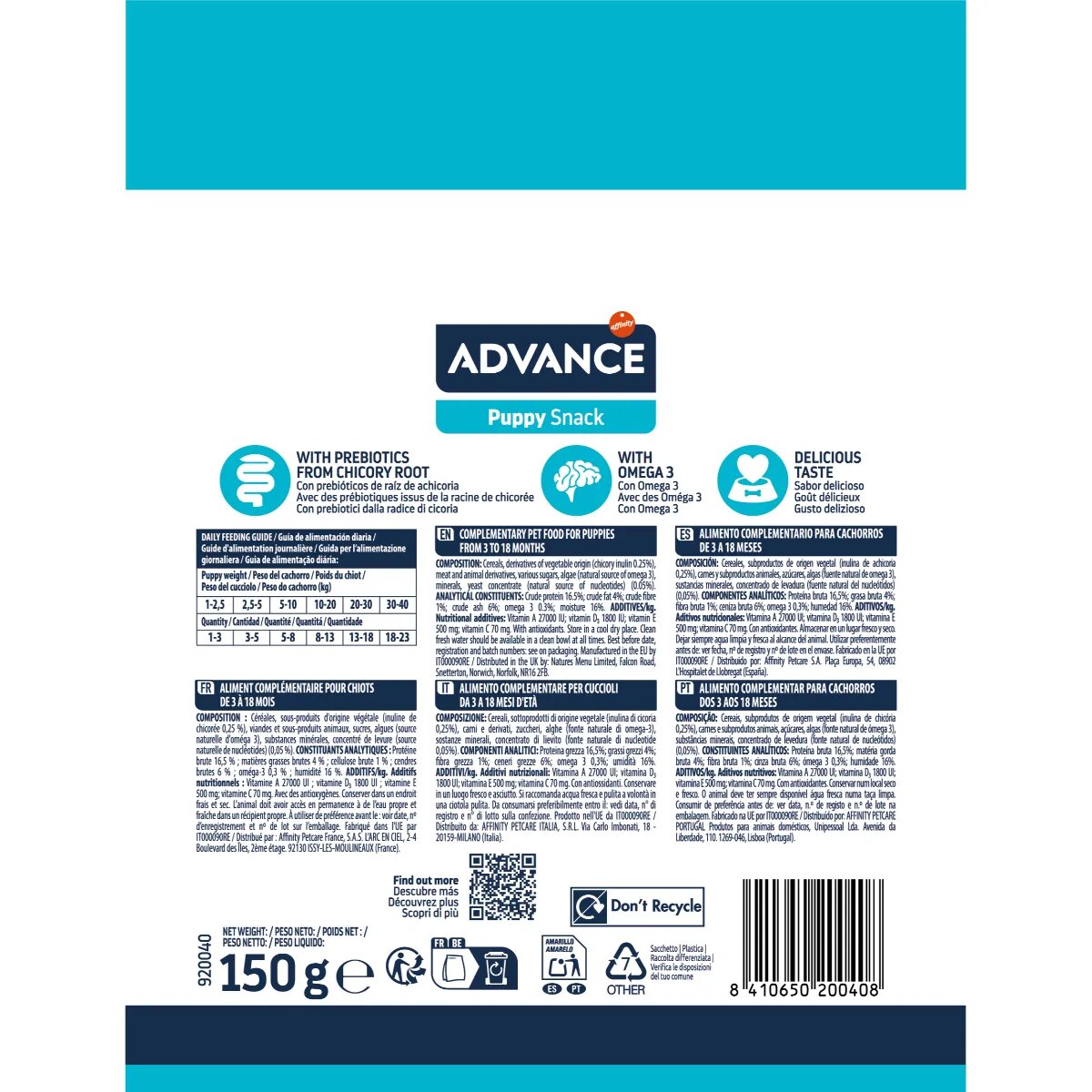 Advance Puppy Snack XS-XL punguță recompense câini junior 150g