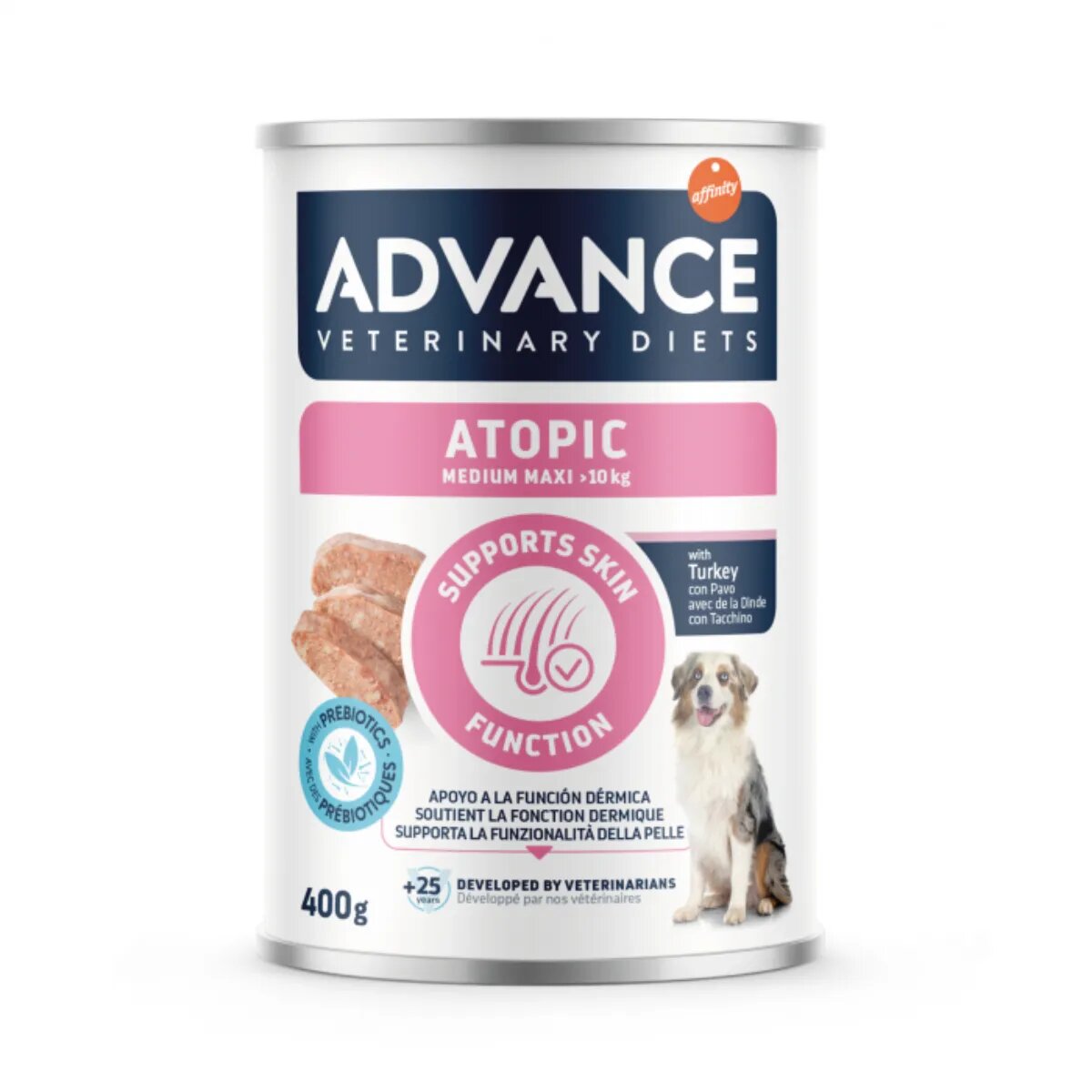 ADVANCE VETERINARY DIETS Atopic Medium & Maxi M-XL Curcan dietă veterinară conservă hrană umedă câini piele & blană (pate) 400g