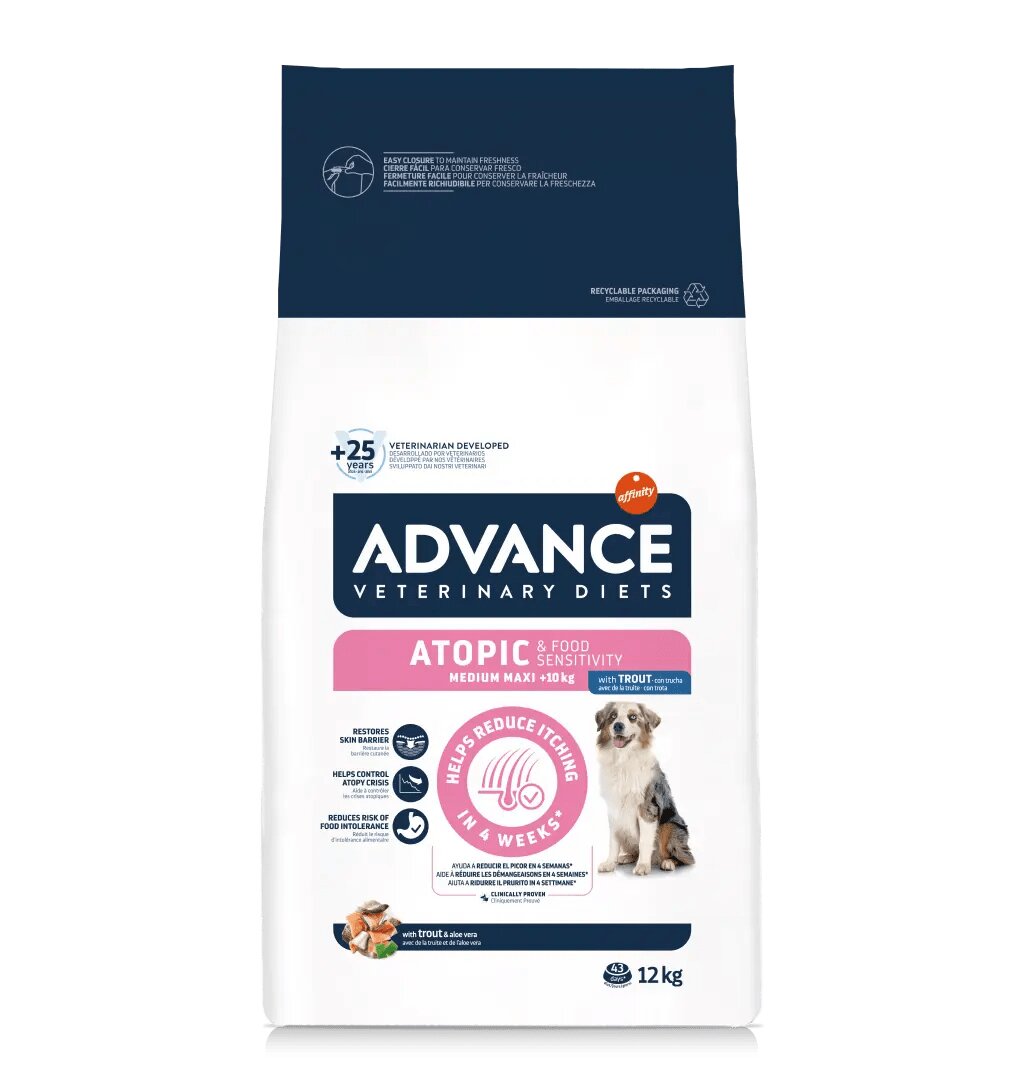 ADVANCE VETERINARY DIETS Dog Atopic Care dietă veterinară hrană uscată câini afecțiuni dermatologice Atopic Medium/Maxi M-L dietă veterinară câini hrană uscată afecțiuni dermatologice 12kg