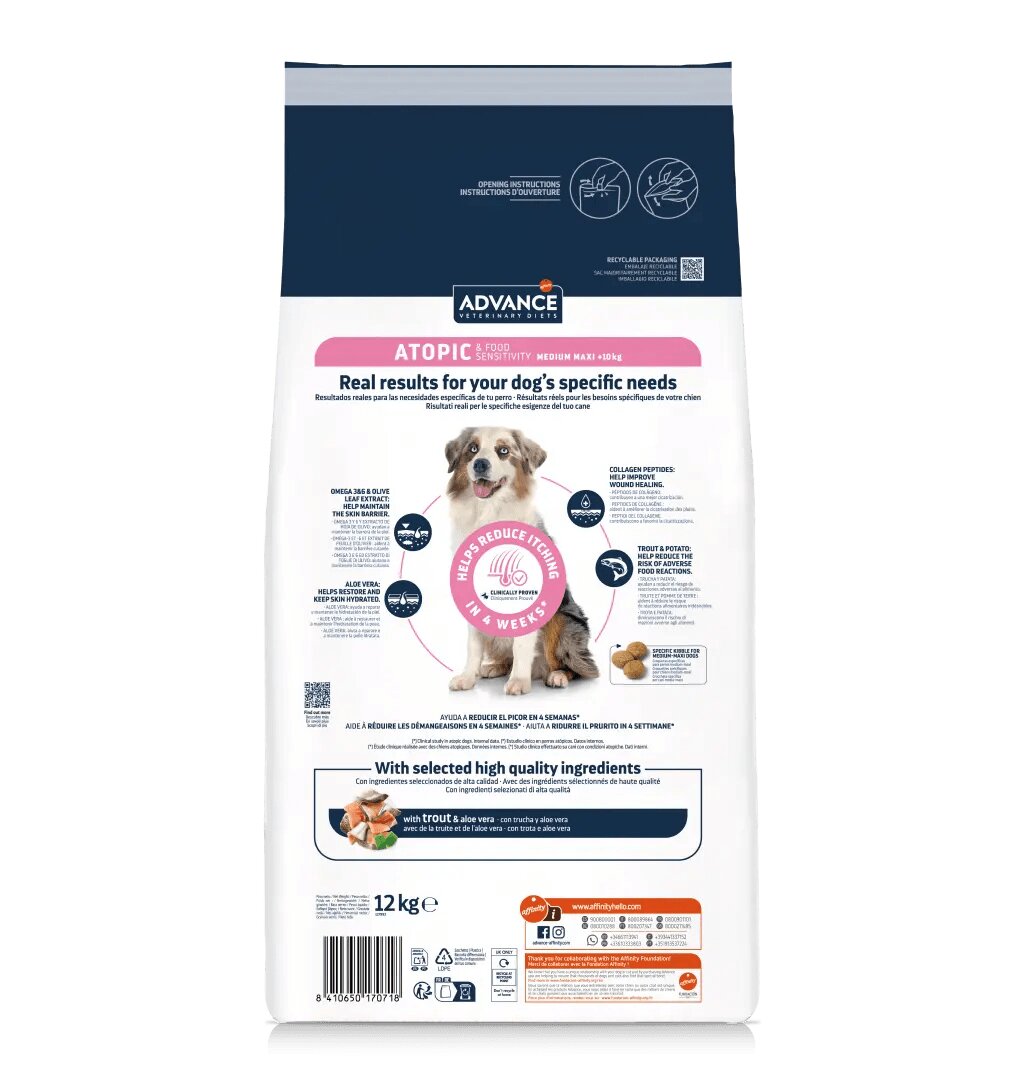 ADVANCE VETERINARY DIETS Dog Atopic Care dietă veterinară hrană uscată câini afecțiuni dermatologice Atopic Medium/Maxi M-L dietă veterinară câini hrană uscată afecțiuni dermatologice 12kg