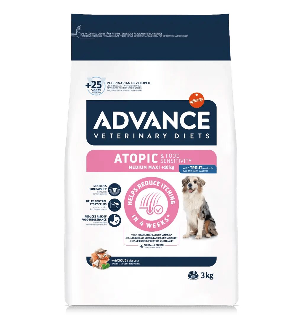 ADVANCE VETERINARY DIETS Dog Atopic Care dietă veterinară hrană uscată câini afecțiuni dermatologice Atopic Medium/Maxi M-L dietă veterinară câini hrană uscată afecțiuni dermatologice 3kg