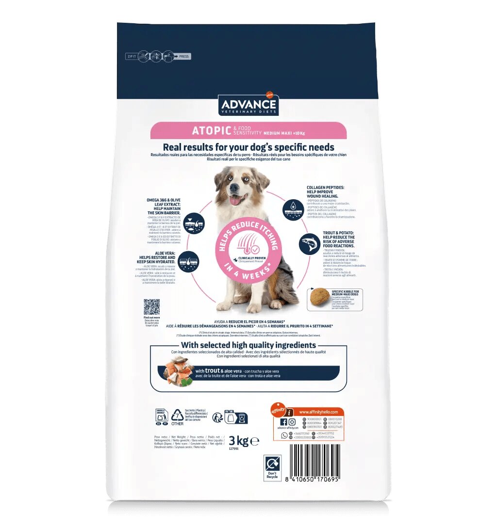 ADVANCE VETERINARY DIETS Dog Atopic Care dietă veterinară hrană uscată câini afecțiuni dermatologice Atopic Medium/Maxi M-L dietă veterinară câini hrană uscată afecțiuni dermatologice 3kg