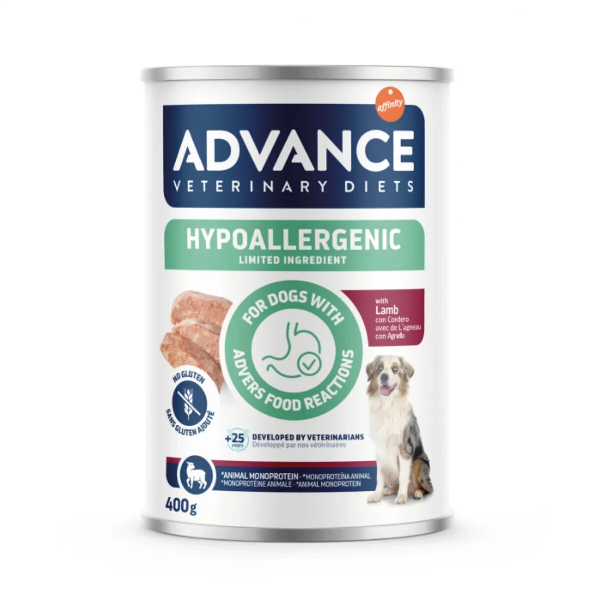 ADVANCE VETERINARY DIETS Hypoalergenic XS-XL Miel dietă veterinară conservă hrană umedă câini alergii (pate) 400g