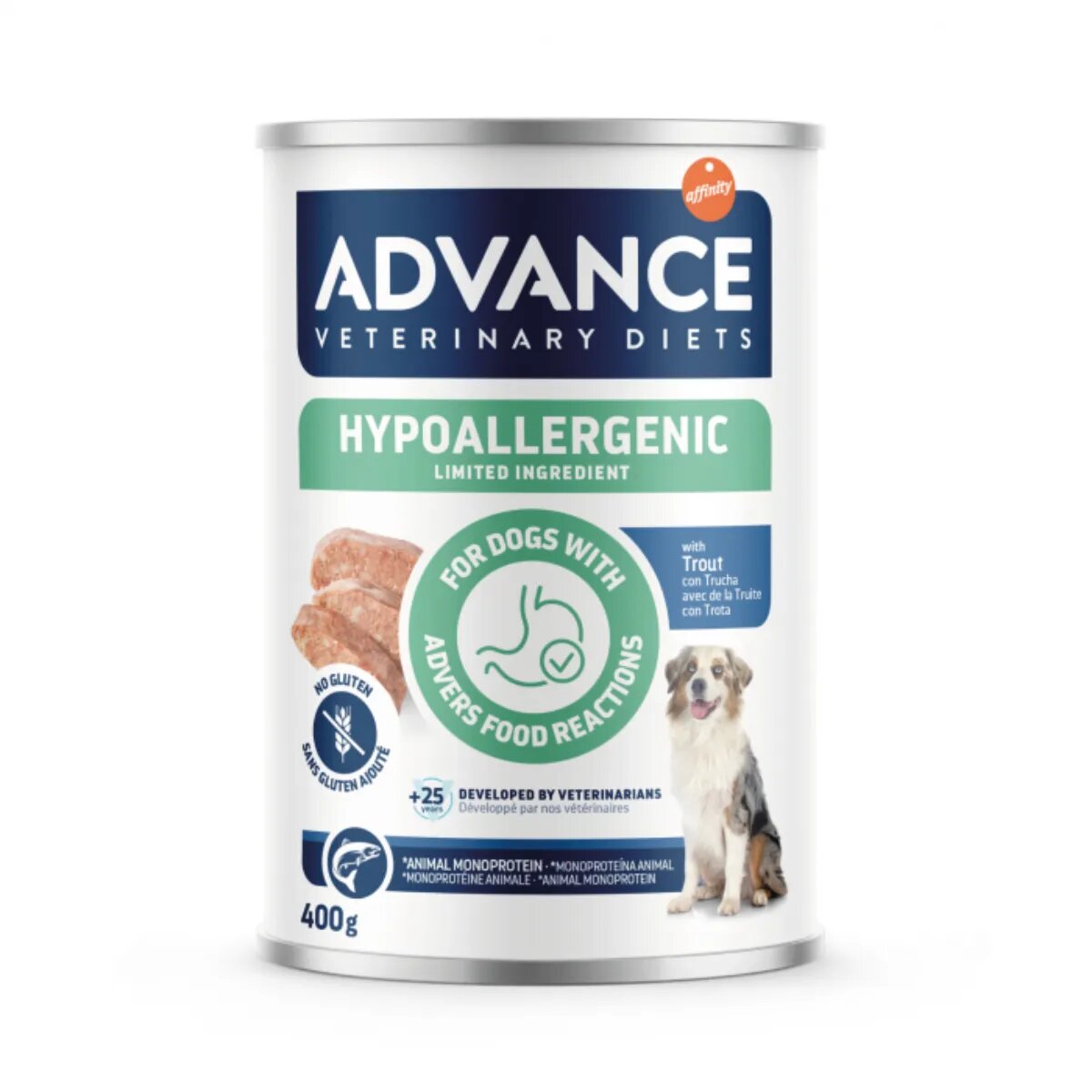 ADVANCE VETERINARY DIETS Hypoalergenic XS-XL Păstrăv dietă veterinară conservă hrană umedă câini alergii (pate) 400g