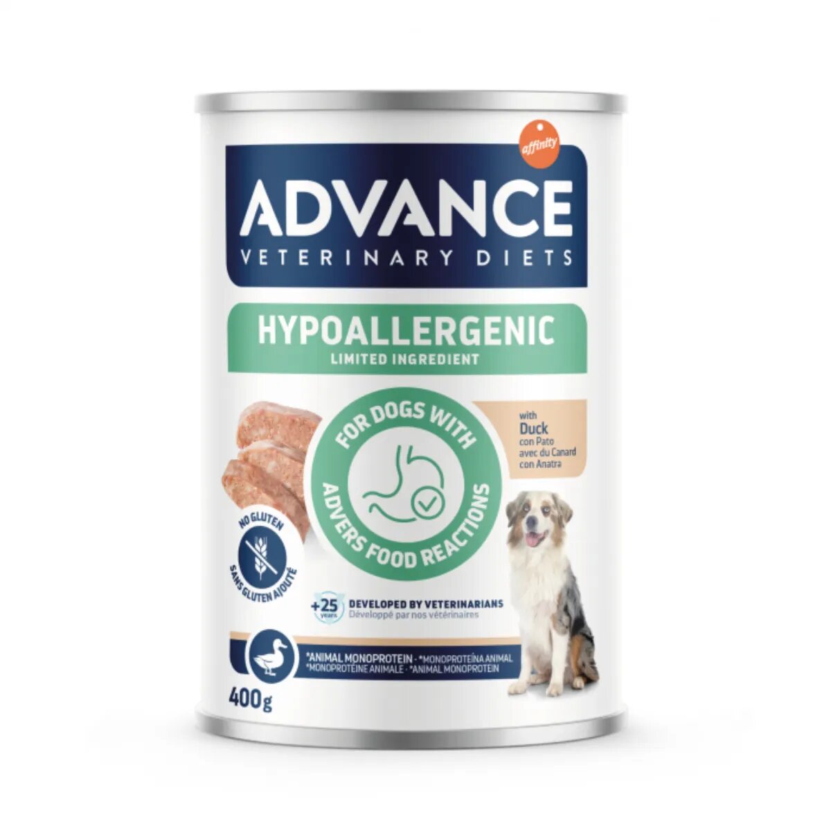 ADVANCE VETERINARY DIETS Hypoalergenic XS-XL Rață dietă veterinară conservă hrană umedă câini alergii (pate) 400g