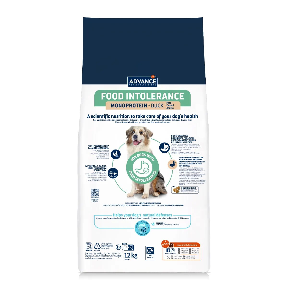 ADVANCE VETERINARY DIETS Hypoallergenic Food Intolerance XS-XL Rață dietă veterinară hrană uscată câini sistem digestiv alergii 12kg
